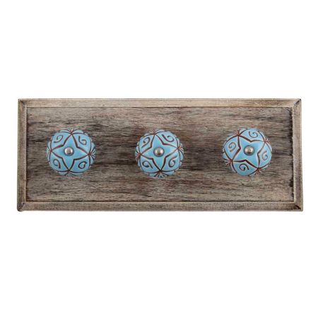 Turquoise Etched Ceramic Floral Wooden Hooks